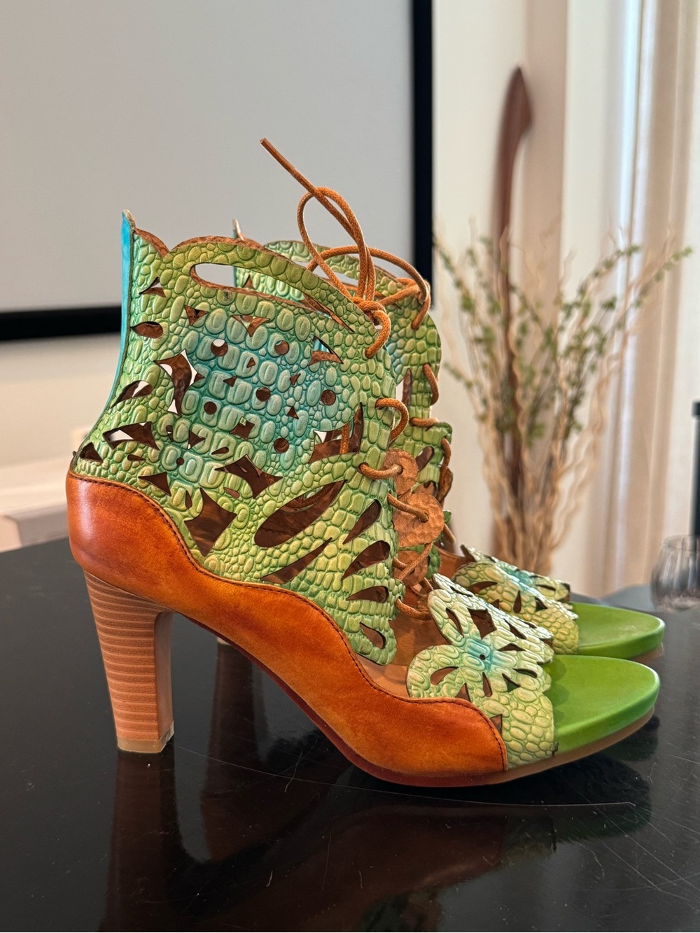 Spring Step L’Artiste Green & Brown Lace-Up Cutout Heeled Sandals